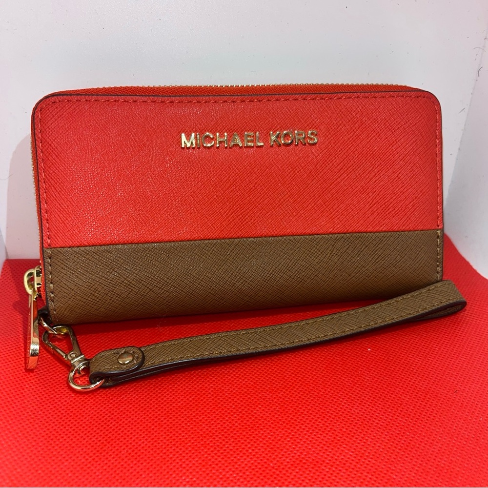 Michael Kors Red and Brown Wristlet Wallet